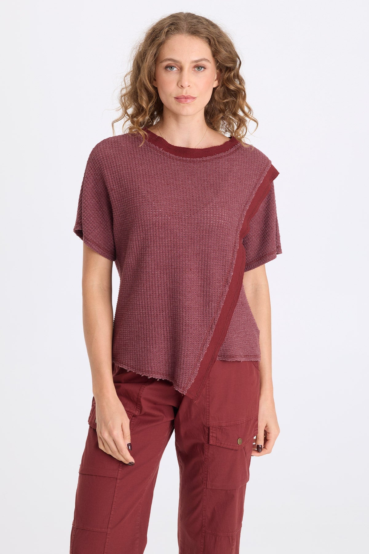 Ursus Thermal Assymetric Hem Batwing Short Sleeve Pullover Top Twinberry - XCVI
