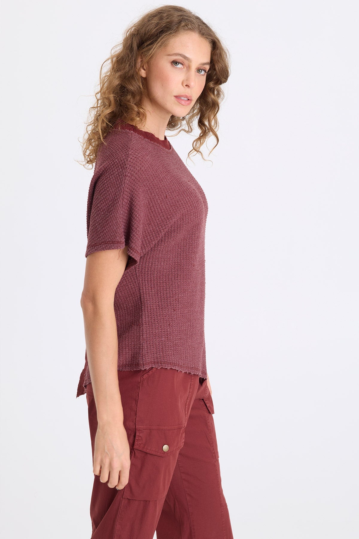 Ursus Thermal Assymetric Hem Batwing Short Sleeve Pullover Top Twinberry - XCVI