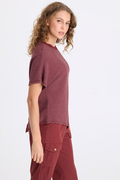 Ursus Thermal Assymetric Hem Batwing Short Sleeve Pullover Top Twinberry - XCVI