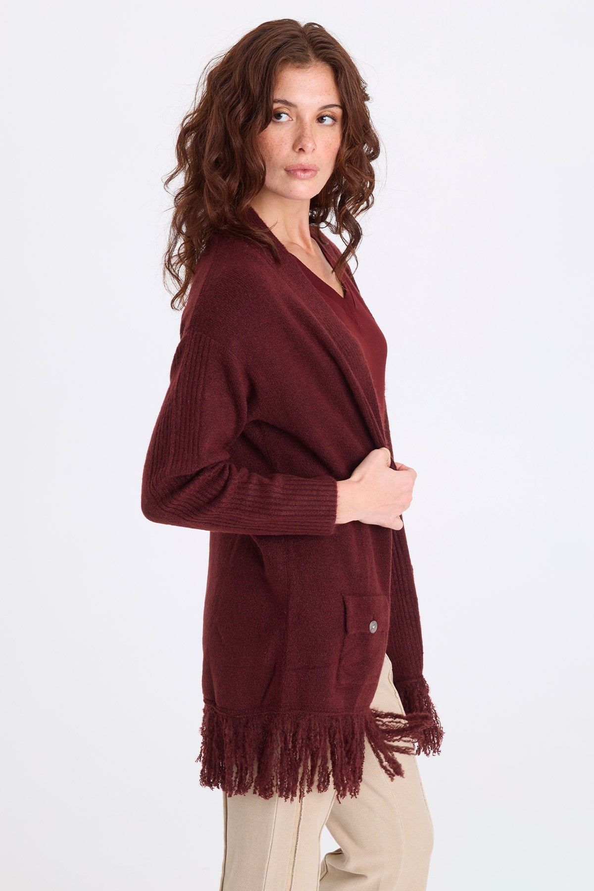 Bakari Sweater-Knit Fringe Cardigan Berry Jam - XCVI