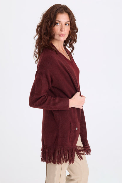Bakari Sweater-Knit Fringe Cardigan Berry Jam - XCVI