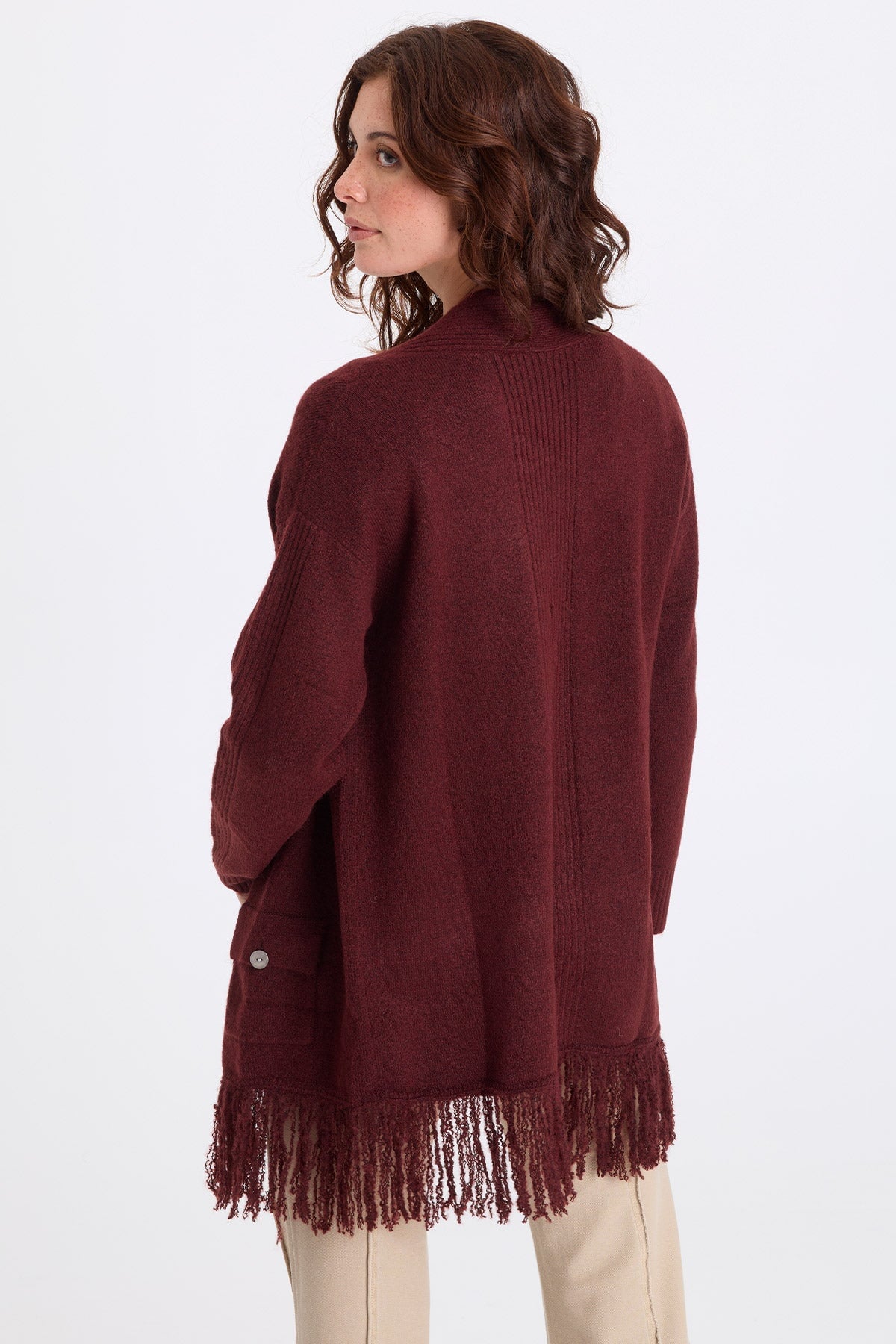 Bakari Sweater-Knit Fringe Cardigan Berry Jam - XCVI
