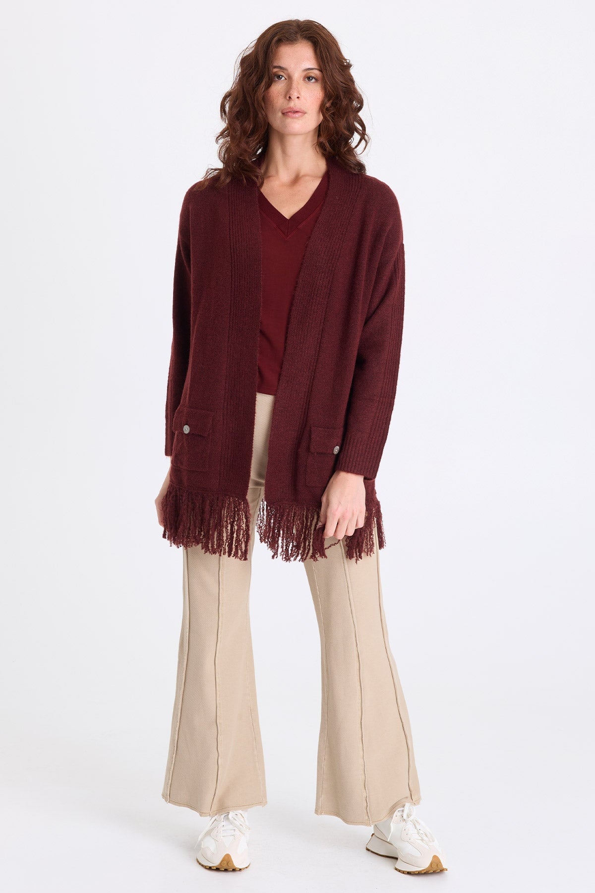 Bakari Sweater-Knit Fringe Cardigan Berry Jam - XCVI