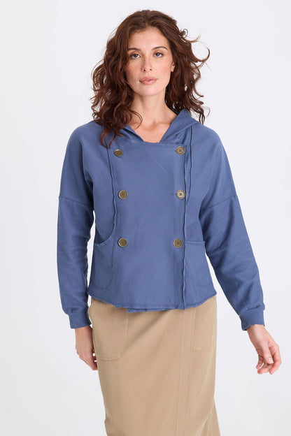 Corbett Twill Knit Double Breasted Hooded Jacket Bluestone - XCVI