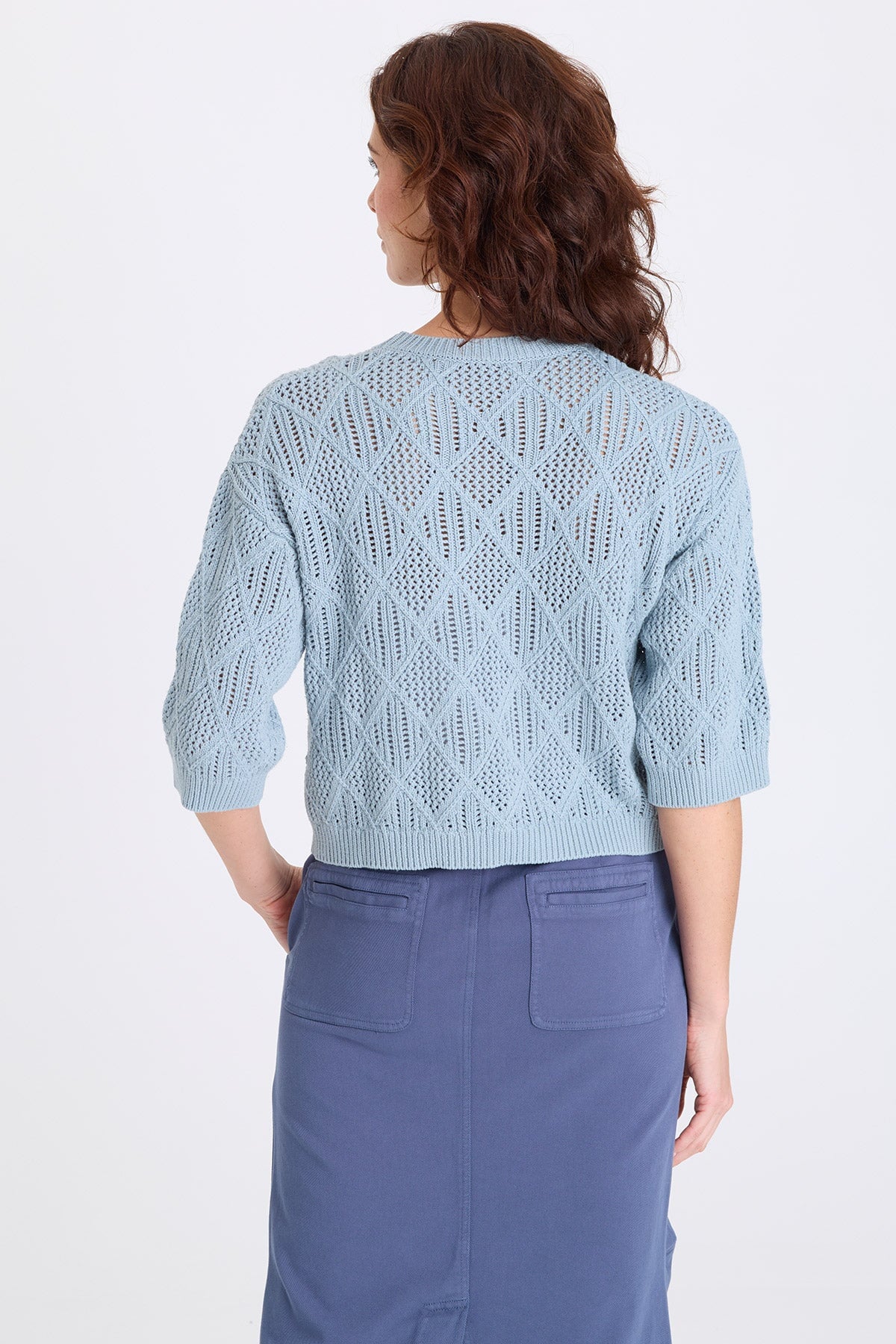 Halimo Cotton Open-Knit Elongated Short Sleeve Crew Neck Pullover Sky Light - XCVI