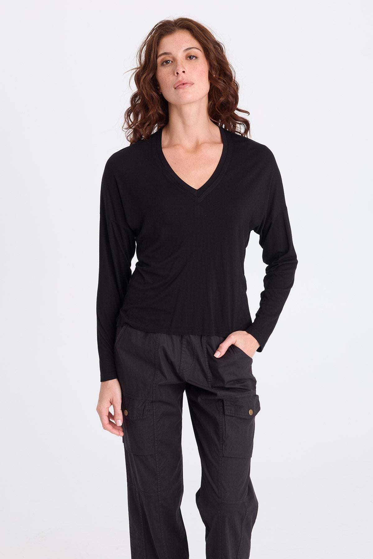 Noor Jersey V-Neck Long Sleeve Top Black - XCVI
