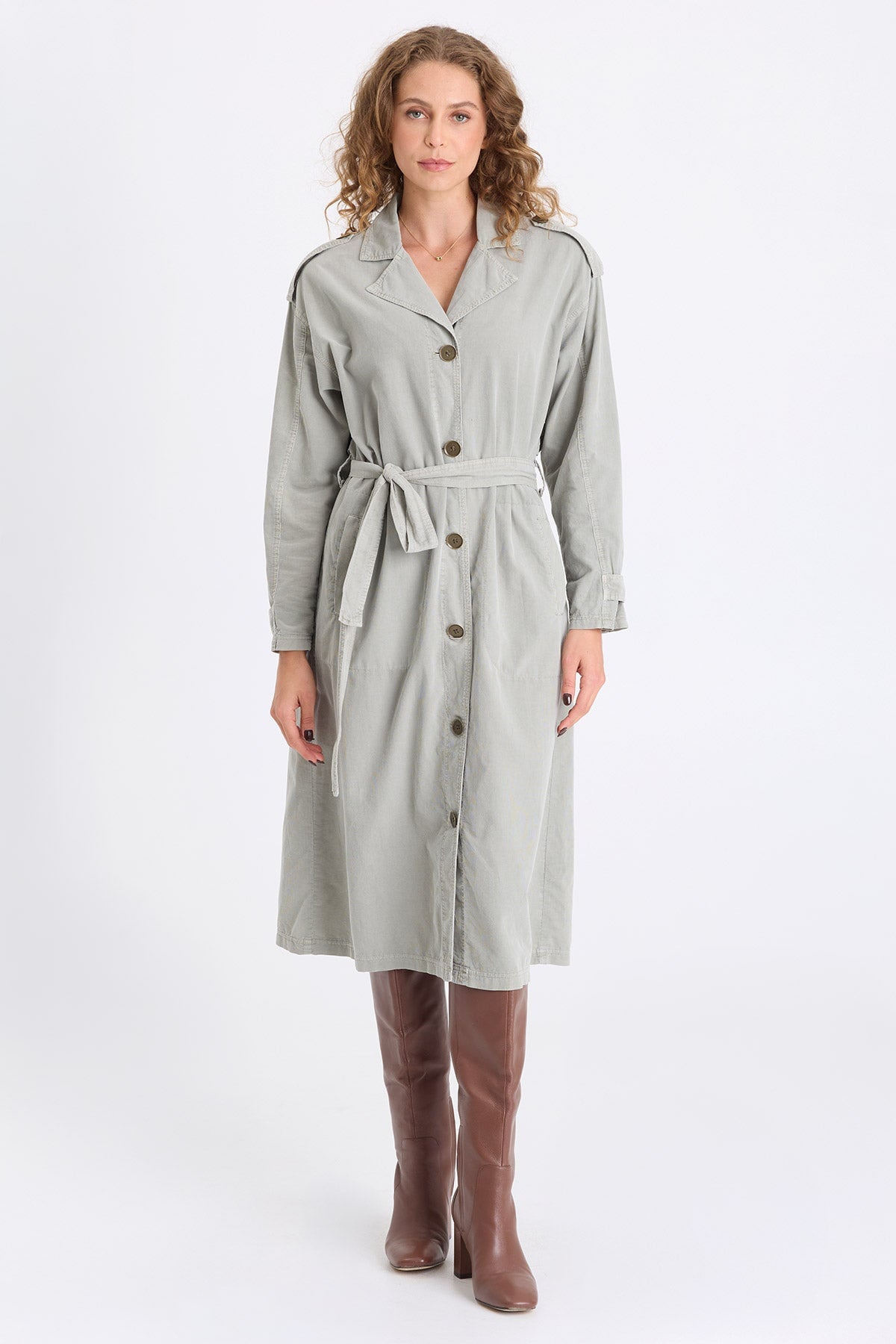 Harun Corduroy Belted Trench Coat Earl Grey Pigment - XCVI