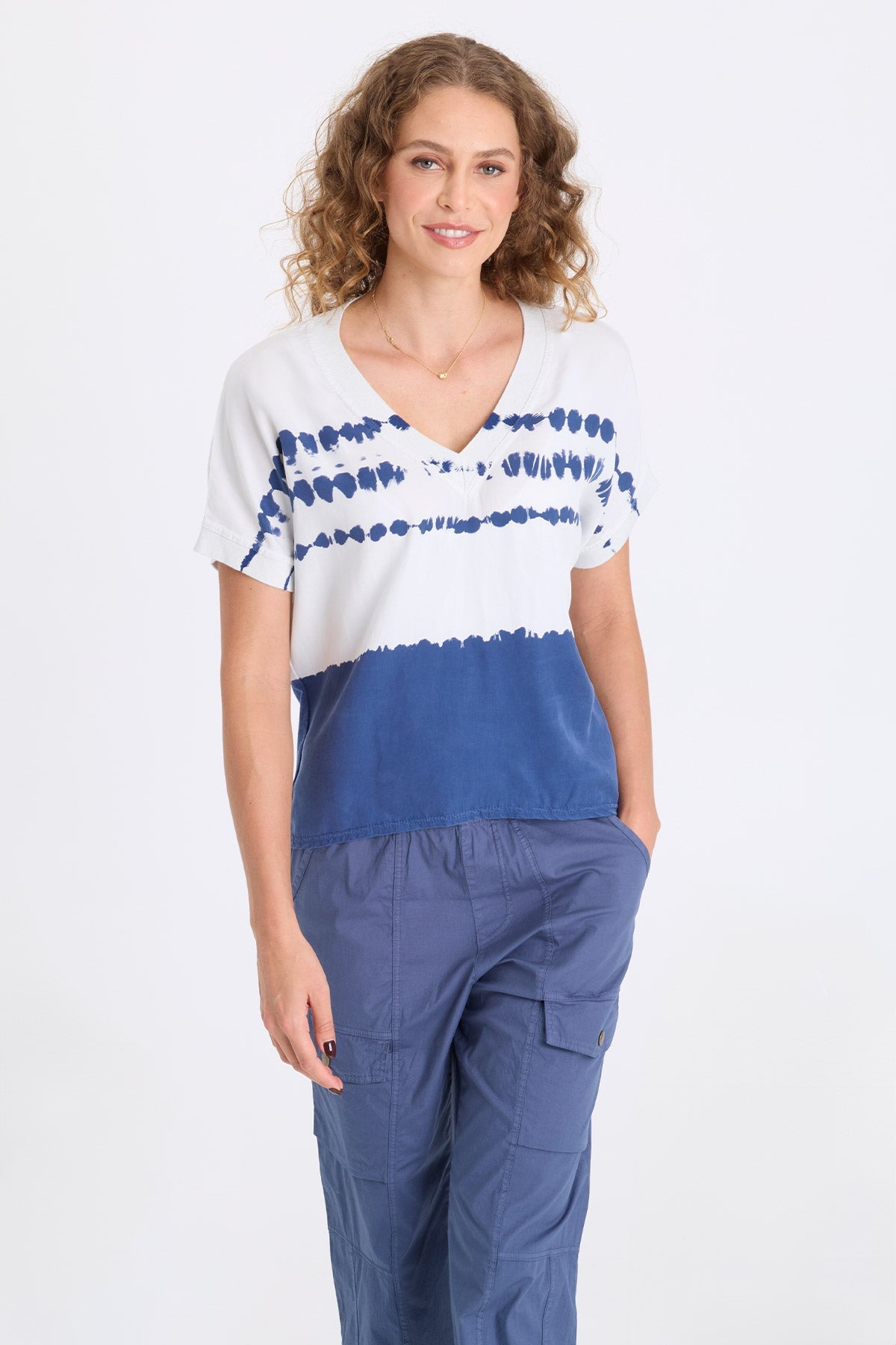 Hanno Soft Twill Rib Trim V-Neck Short Sleeve Top Epoch Wash Sky - XCVI