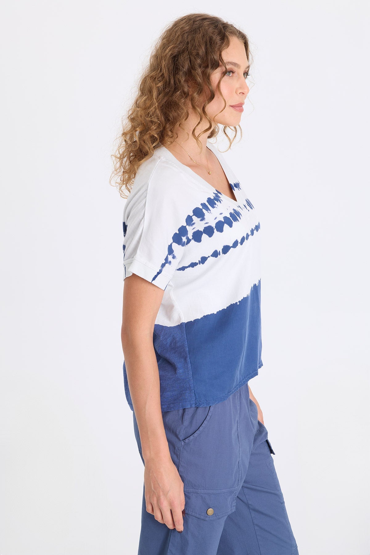 Hanno Soft Twill Rib Trim V-Neck Short Sleeve Top Epoch Wash Sky - XCVI