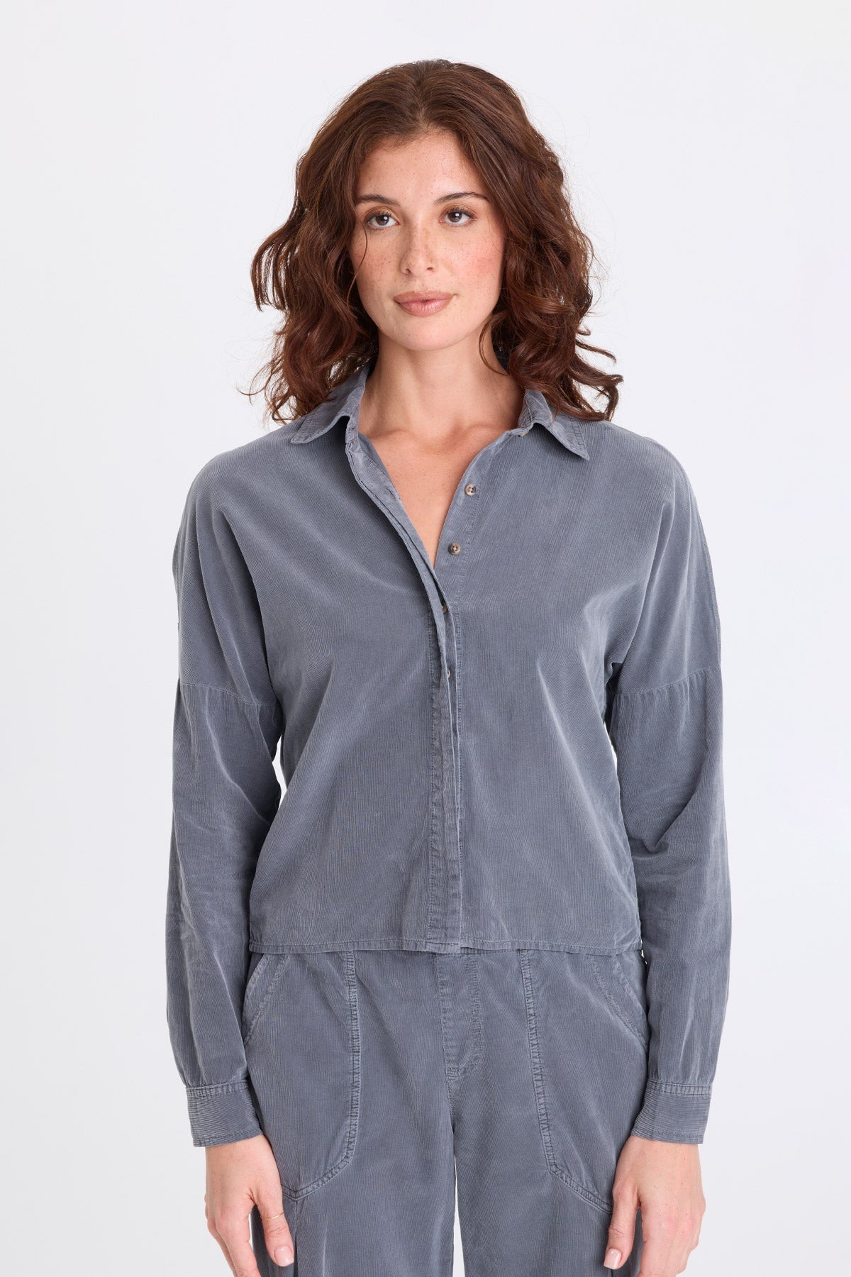 Kyle Corduroy Button-Up Collared Top Nebulous Pigment - XCVI
