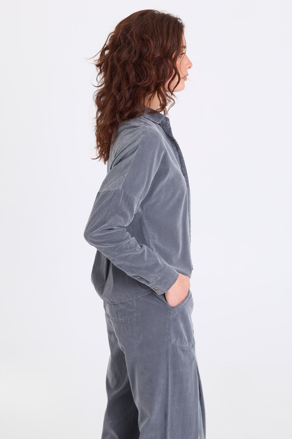 Kyle Corduroy Button-Up Collared Top Nebulous Pigment - XCVI
