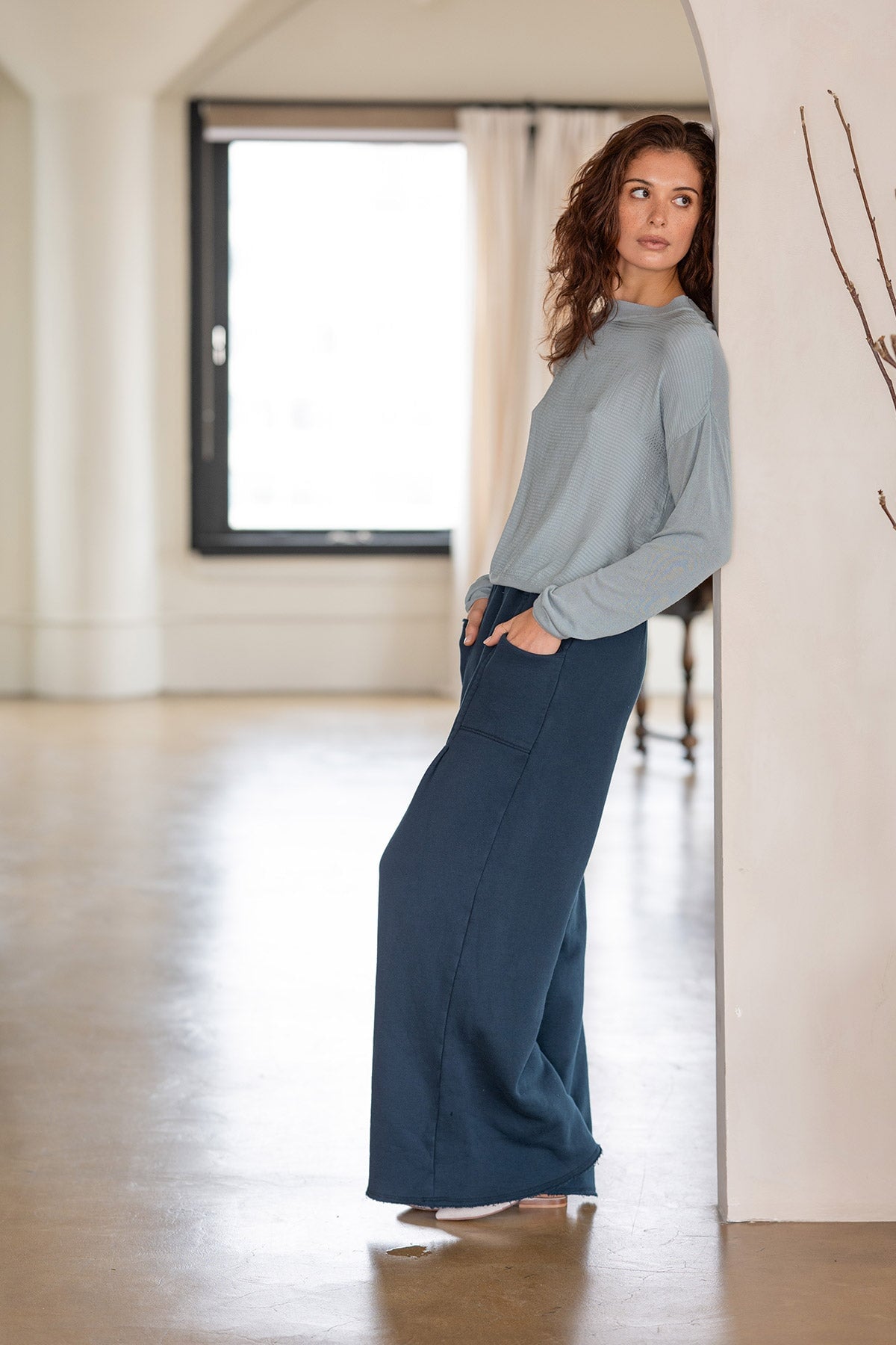 Aarav Heavy Fleece Wide-Leg Drawstring Waist Pant Midnight Blue - XCVI