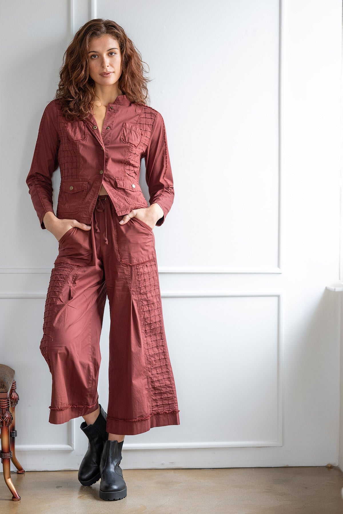 Nicolene Poplin Grid Pintuck Crop Twinberry - XCVI