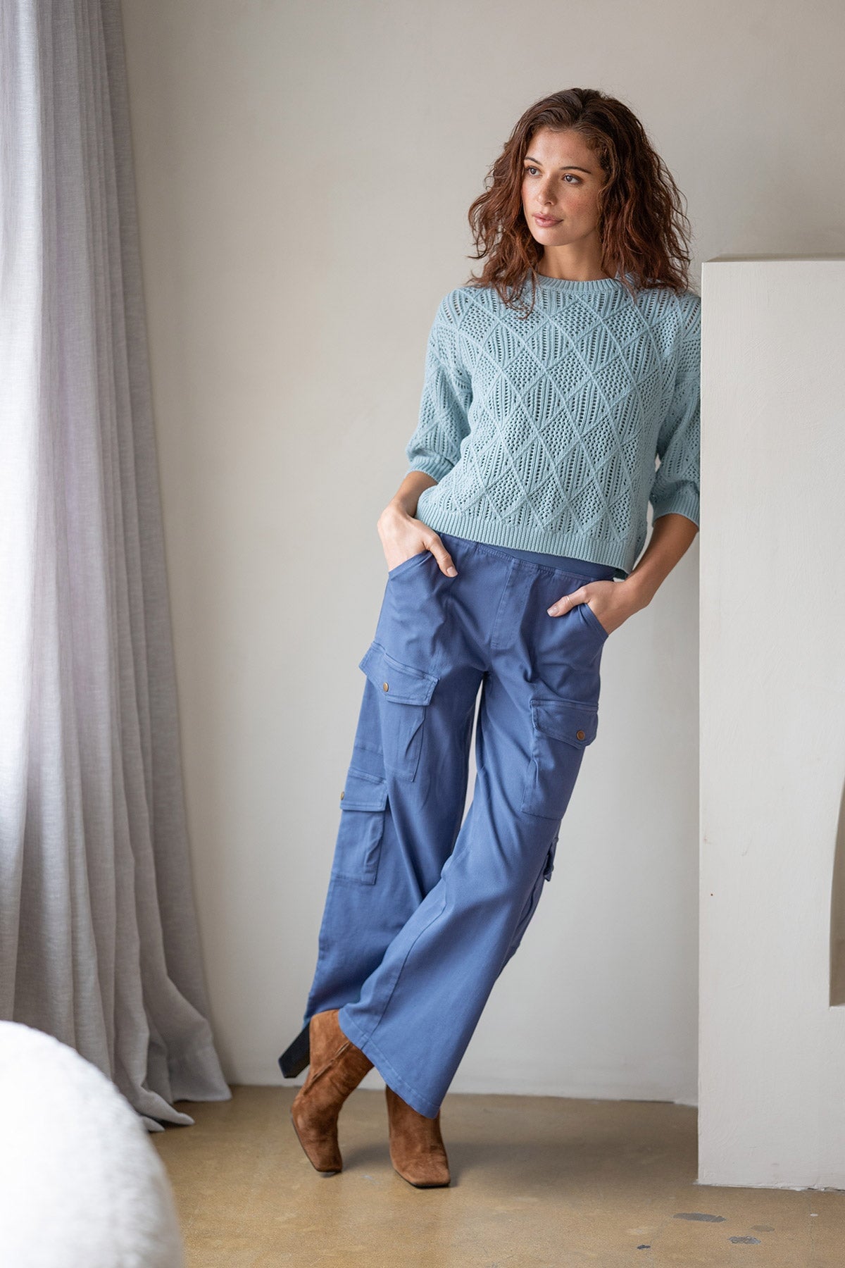 Romulus Twill Wide-Leg Cargo Pant Bluestone - XCVI