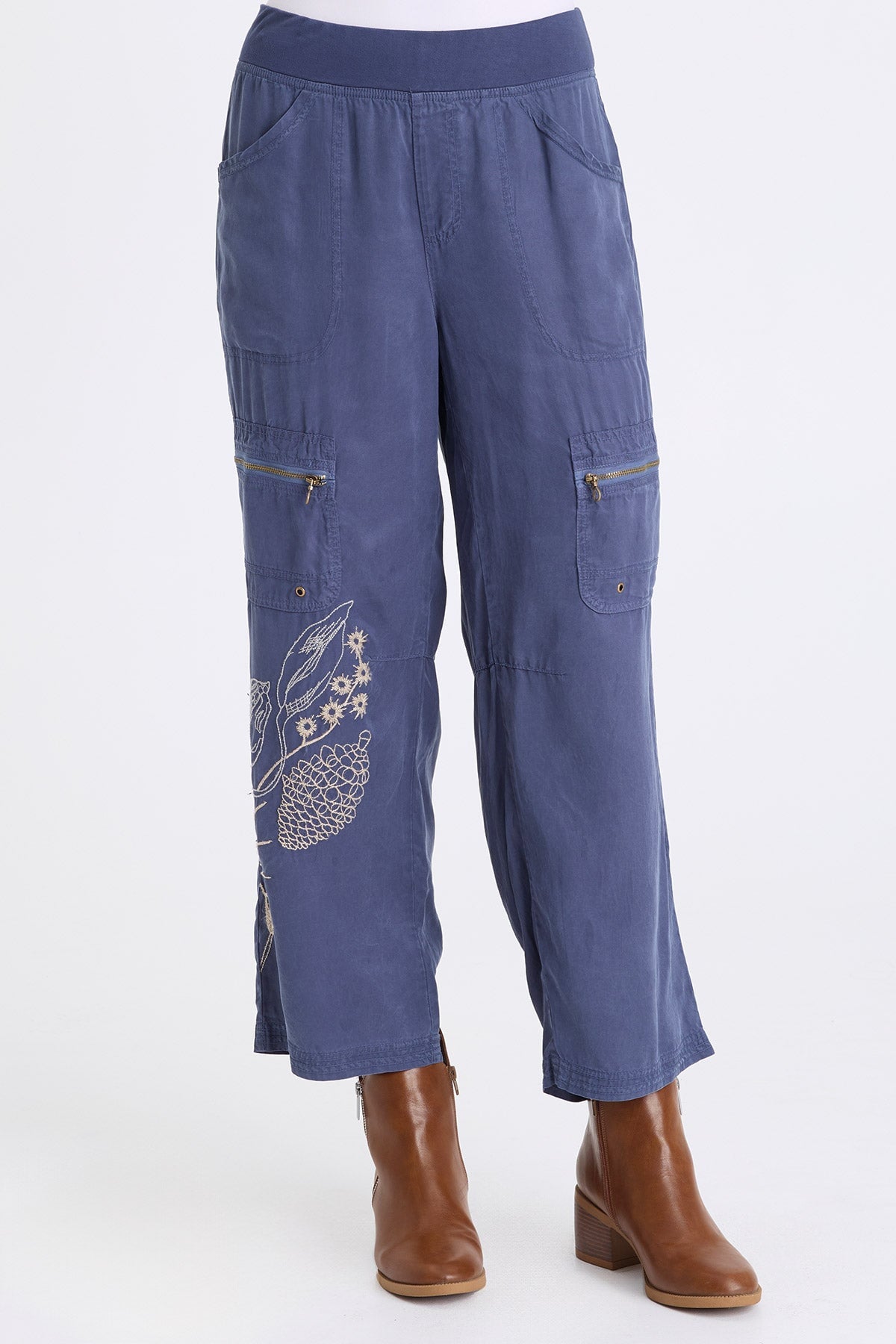 Odran Embroidered Soft Twill Zippered Cargo Pockets Subtle Wide Leg Pant Bluestone - XCVI