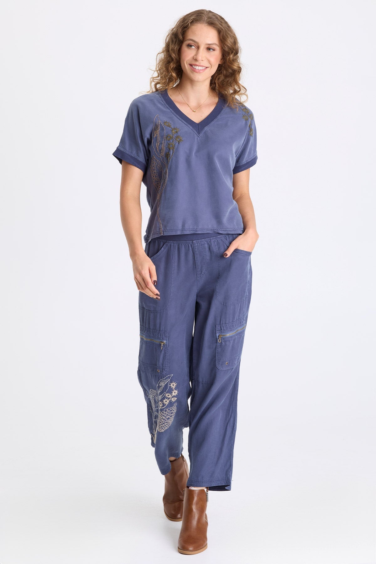 Odran Embroidered Soft Twill Zippered Cargo Pockets Subtle Wide Leg Pant Bluestone - XCVI