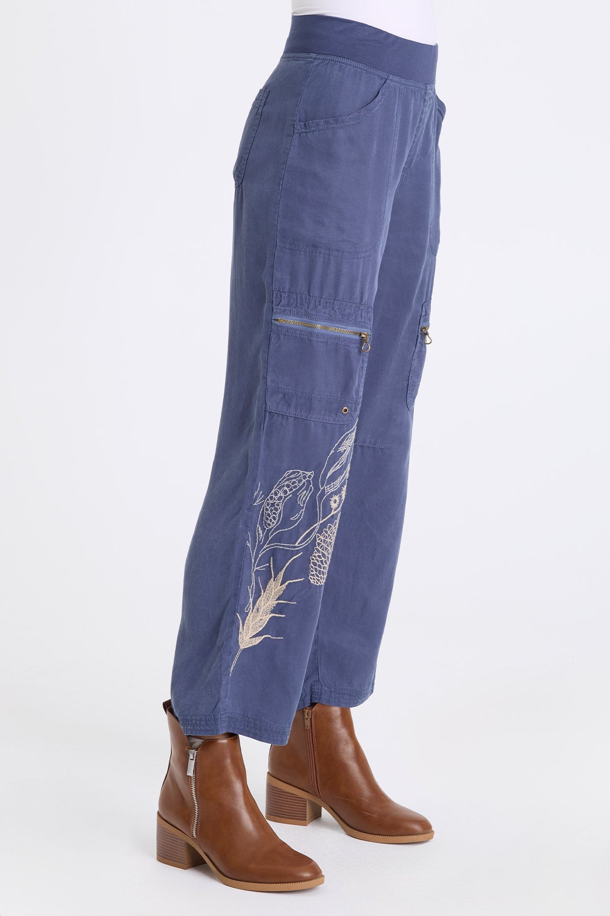 Odran Embroidered Soft Twill Zippered Cargo Pockets Subtle Wide Leg Pant Bluestone - XCVI