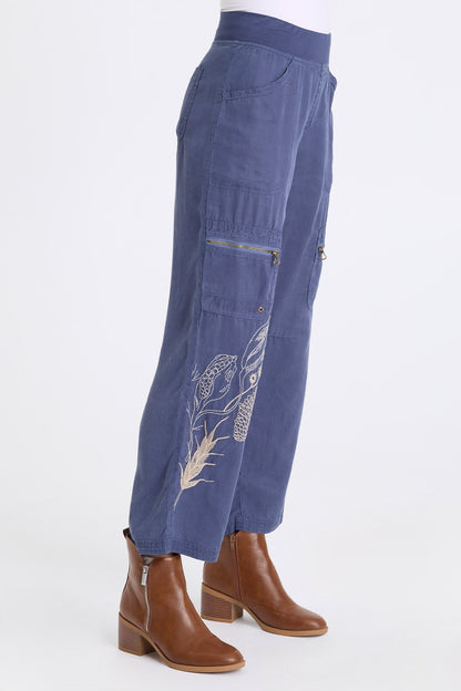 Odran Embroidered Soft Twill Zippered Cargo Pockets Subtle Wide Leg Pant Bluestone - XCVI