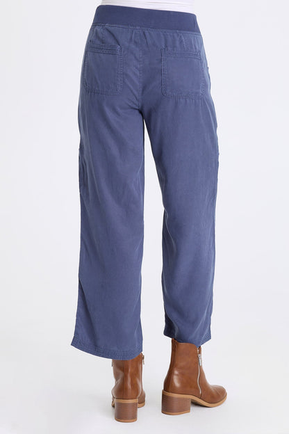 Odran Embroidered Soft Twill Zippered Cargo Pockets Subtle Wide Leg Pant Bluestone - XCVI