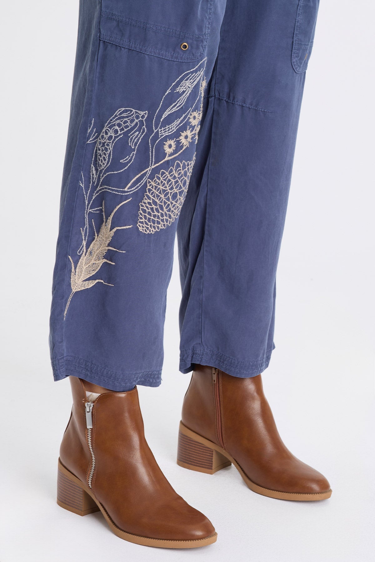 Odran Embroidered Soft Twill Zippered Cargo Pockets Subtle Wide Leg Pant Bluestone - XCVI