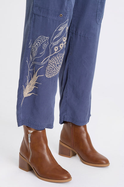 Odran Embroidered Soft Twill Zippered Cargo Pockets Subtle Wide Leg Pant Bluestone - XCVI