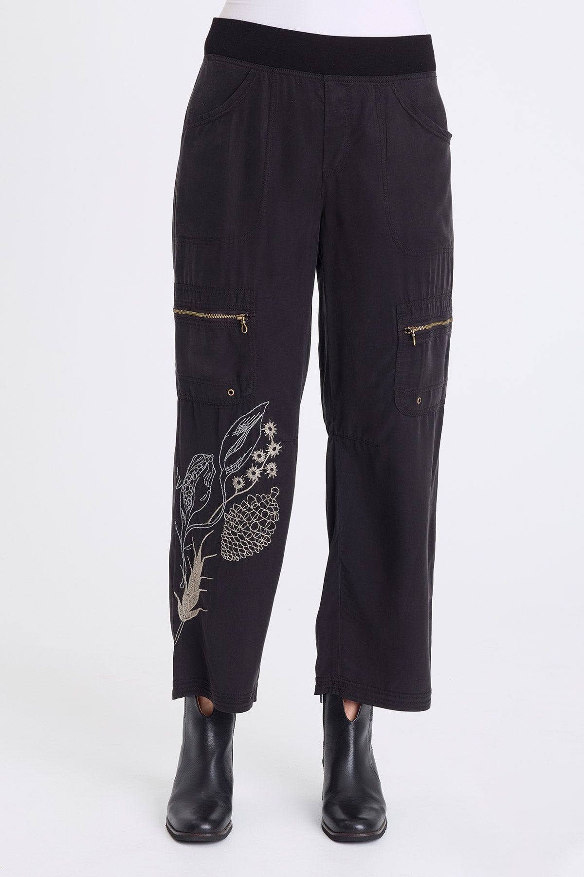 Odran Embroidered Soft Twill Zippered Cargo Pockets Subtle Wide Leg Pant Black - XCVI