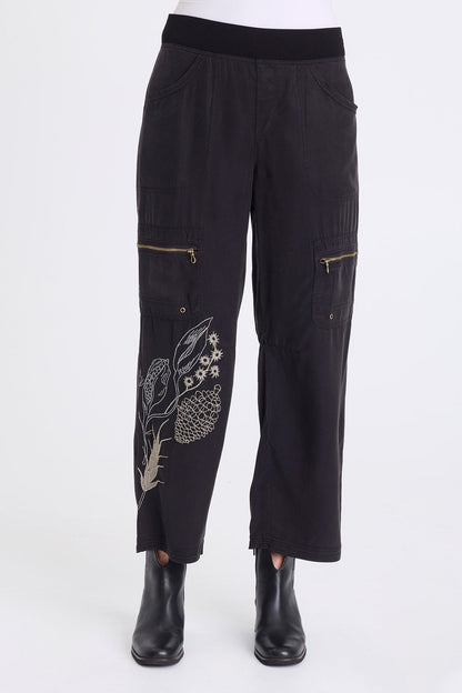Odran Embroidered Soft Twill Zippered Cargo Pockets Subtle Wide Leg Pant Black - XCVI