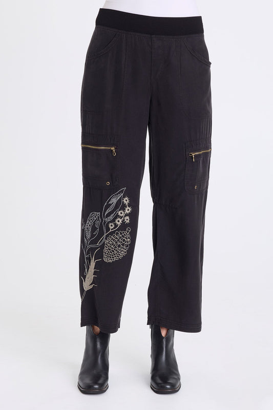 Odran Embroidered Soft Twill Zippered Cargo Pockets Subtle Wide Leg Pant Black - XCVI