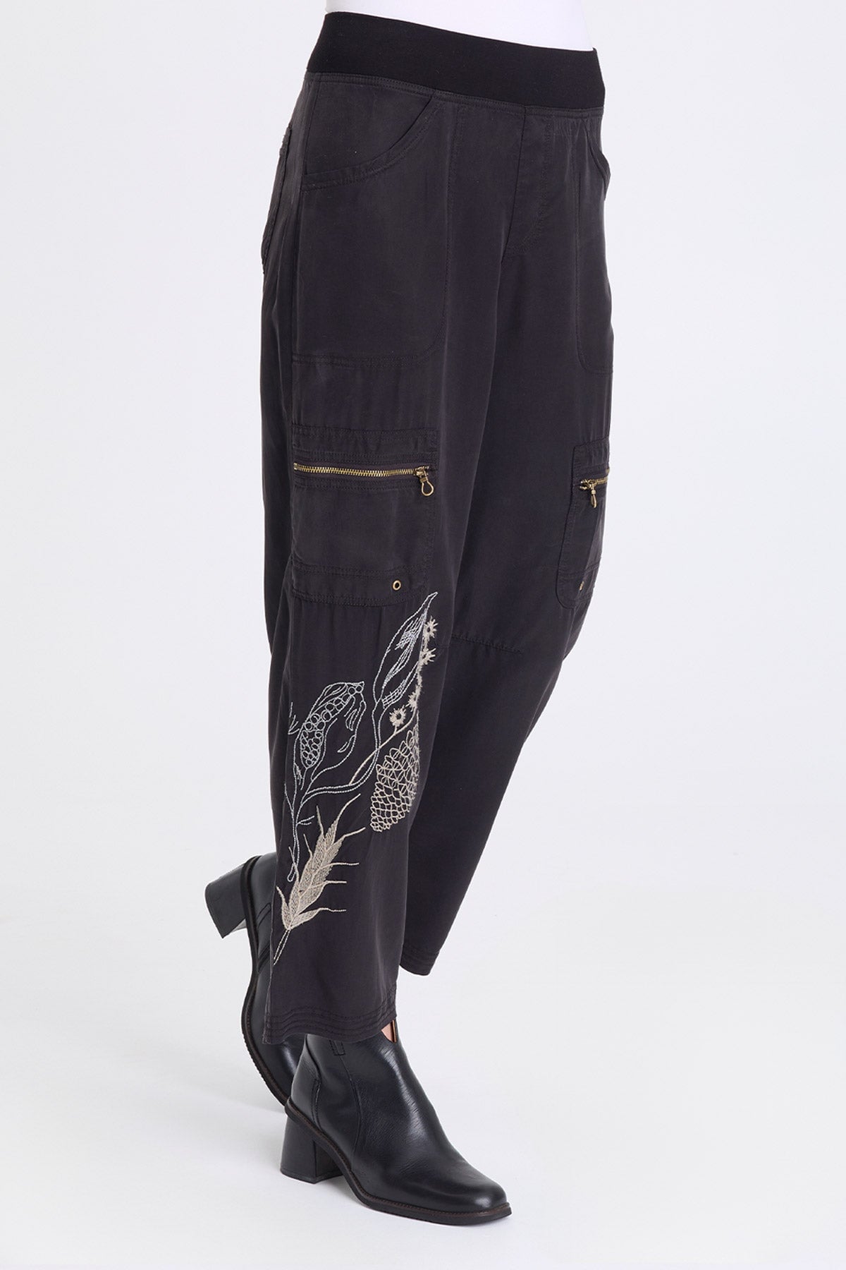Odran Embroidered Soft Twill Zippered Cargo Pockets Subtle Wide Leg Pant Black - XCVI