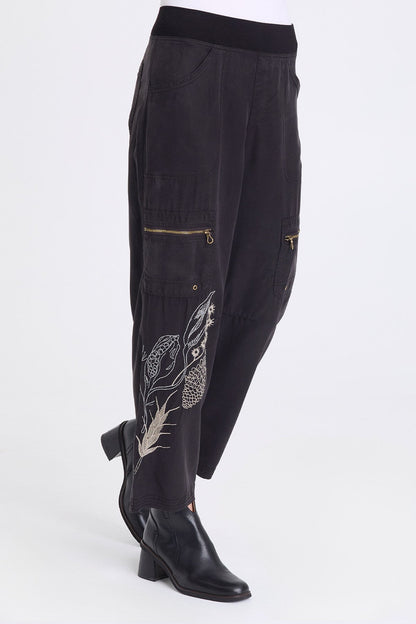 Odran Embroidered Soft Twill Zippered Cargo Pockets Subtle Wide Leg Pant Black - XCVI