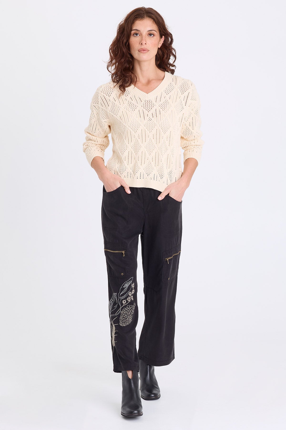 Odran Embroidered Soft Twill Zippered Cargo Pockets Subtle Wide Leg Pant Black - XCVI