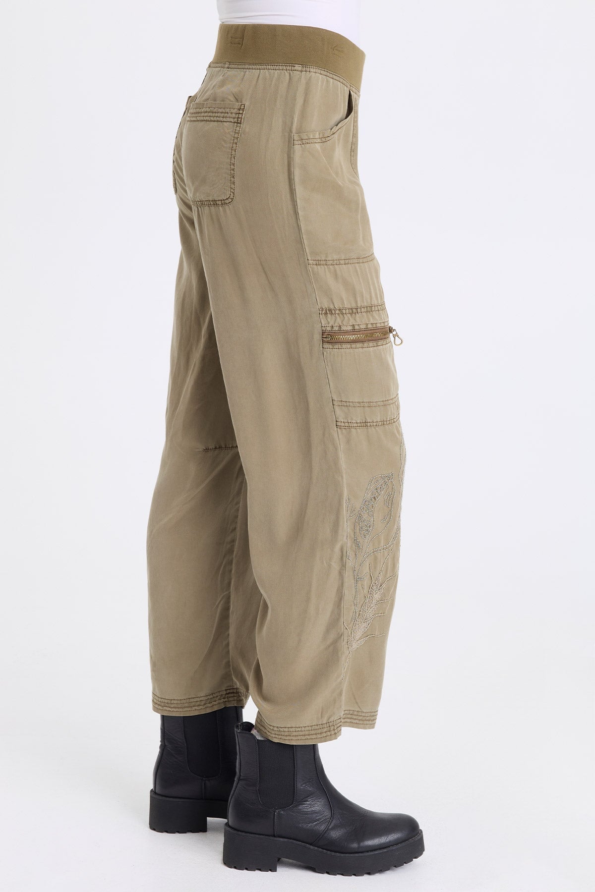 Odran Embroidered Soft Twill Zippered Cargo Pockets Subtle Wide Leg Pant Kombu Pigment - XCVI