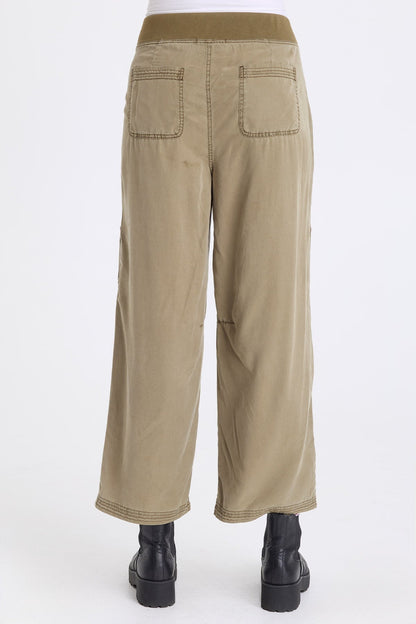 Odran Embroidered Soft Twill Zippered Cargo Pockets Subtle Wide Leg Pant Kombu Pigment - XCVI