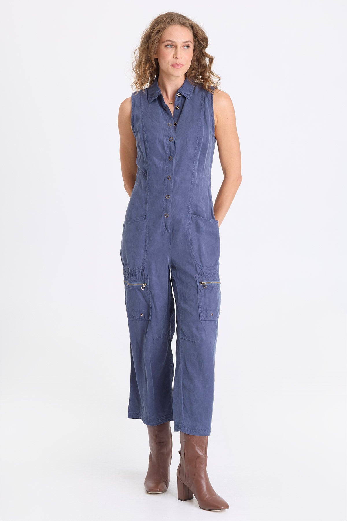 Badru Soft Twill Snap Up Collared Sleeveless Jumpsuit Bluestone - XCVI
