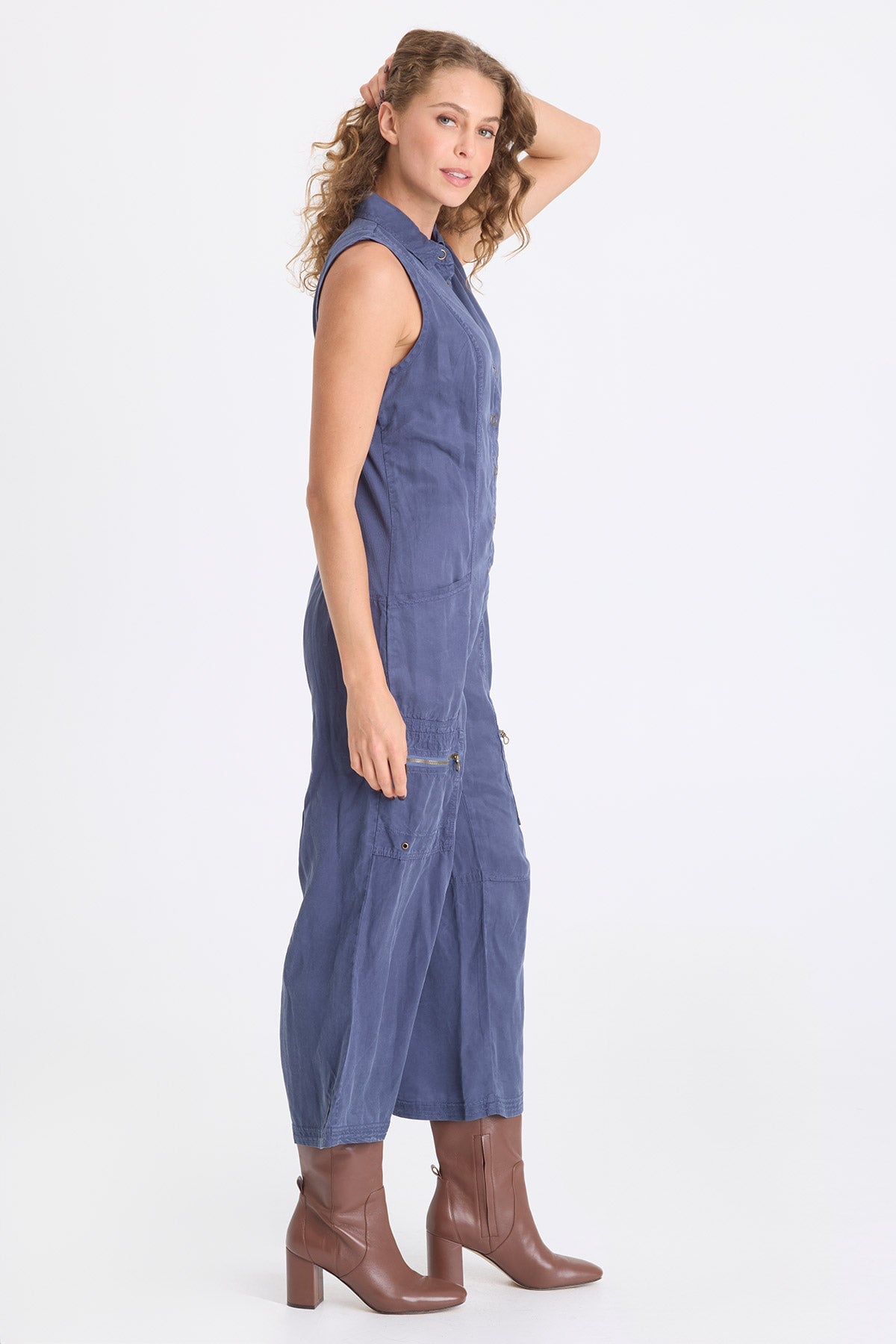 Badru Soft Twill Snap Up Collared Sleeveless Jumpsuit Bluestone - XCVI