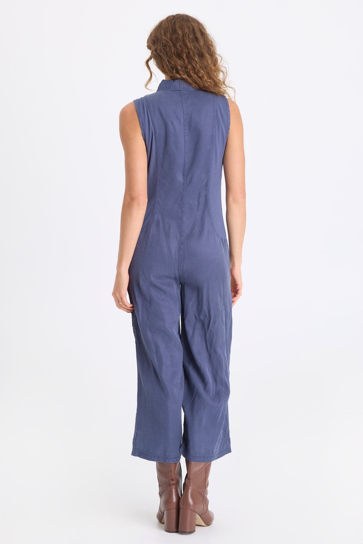 Badru Soft Twill Snap Up Collared Sleeveless Jumpsuit Bluestone - XCVI