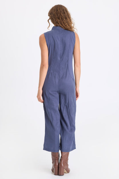 Badru Soft Twill Snap Up Collared Sleeveless Jumpsuit Bluestone - XCVI