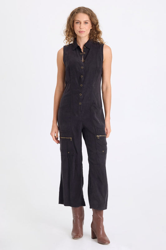 Badru Soft Twill Snap Up Collared Sleeveless Jumpsuit Black - XCVI