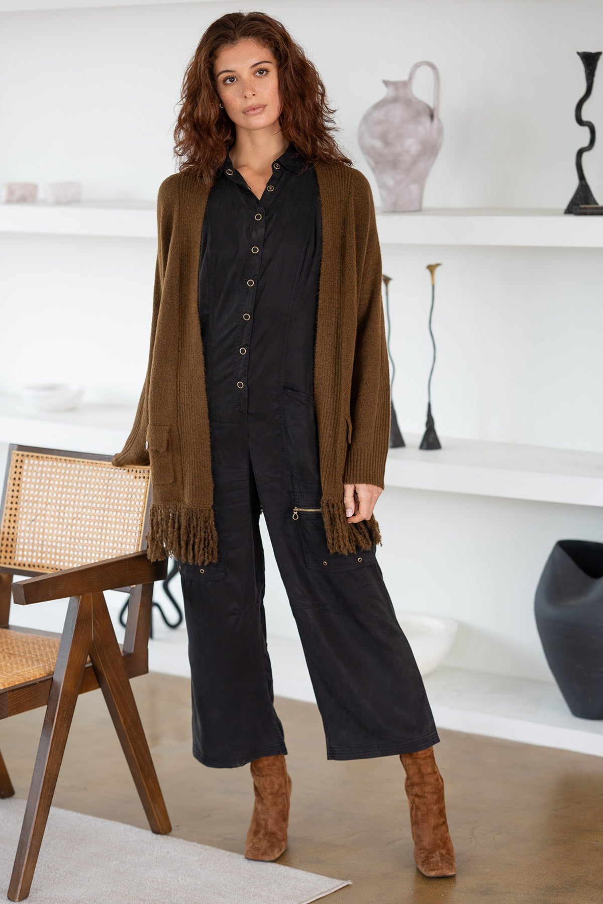 Badru Soft Twill Snap Up Collared Sleeveless Jumpsuit Black - XCVI