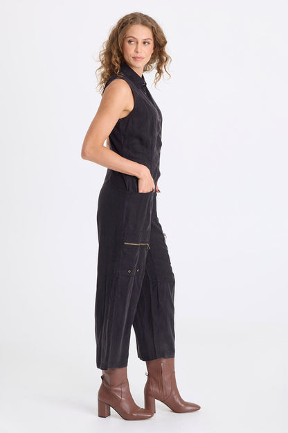 Badru Soft Twill Snap Up Collared Sleeveless Jumpsuit Black - XCVI