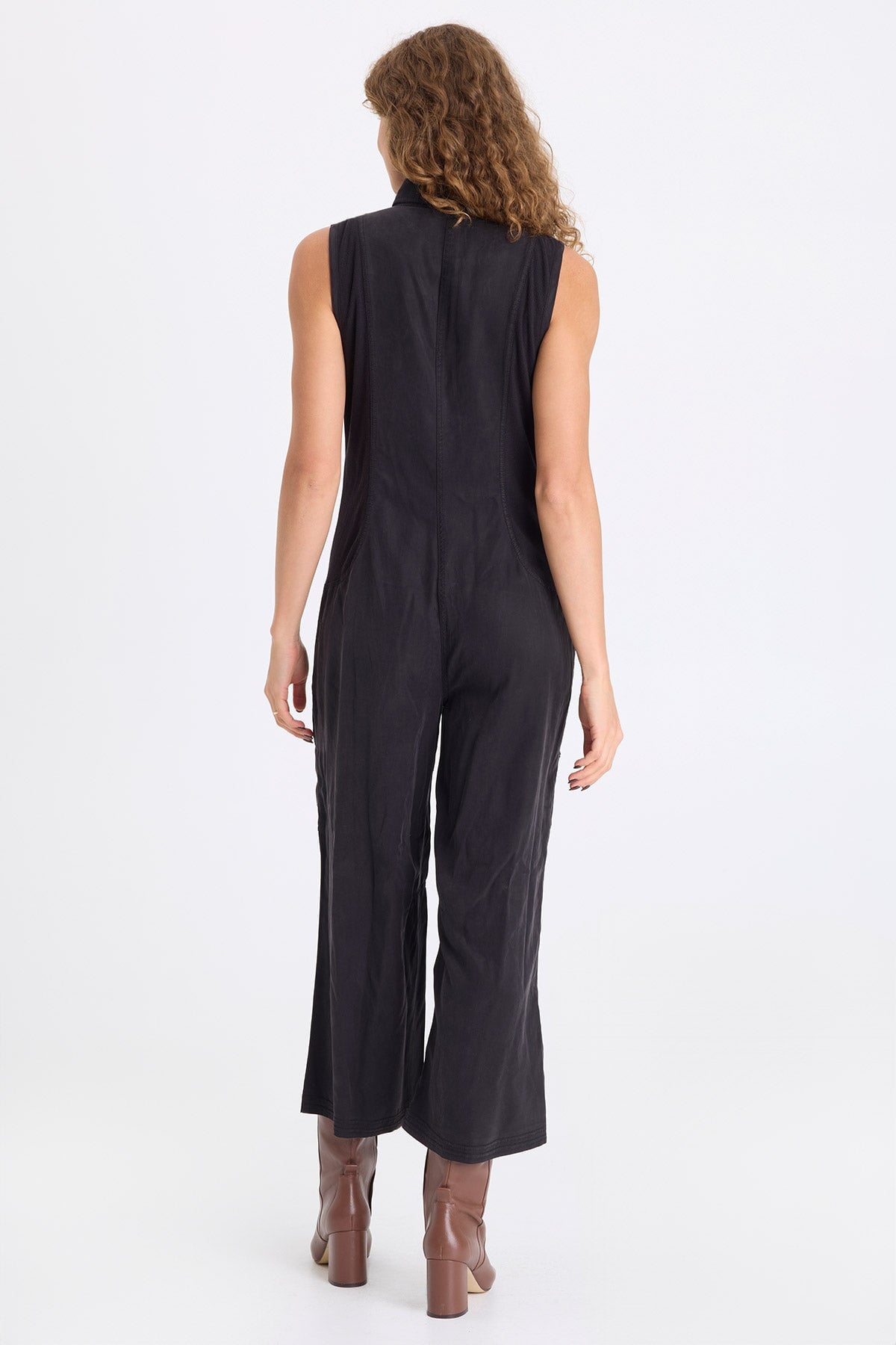 Badru Soft Twill Snap Up Collared Sleeveless Jumpsuit Black - XCVI