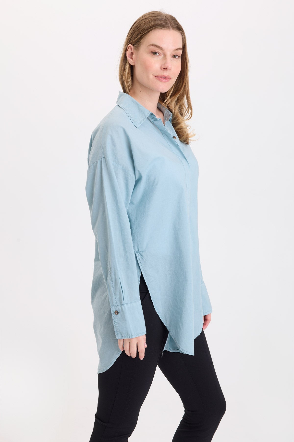 Wearables Ellard Cotton Voile High-Low Side-Slit Button-Up Blouse Thunderclap Pigment - XCVI
