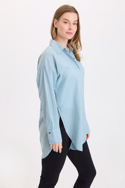 Wearables Ellard Cotton Voile High-Low Side-Slit Button-Up Blouse Thunderclap Pigment - XCVI