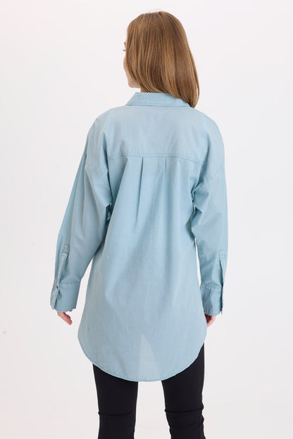 Wearables Ellard Cotton Voile High-Low Side-Slit Button-Up Blouse Thunderclap Pigment - XCVI