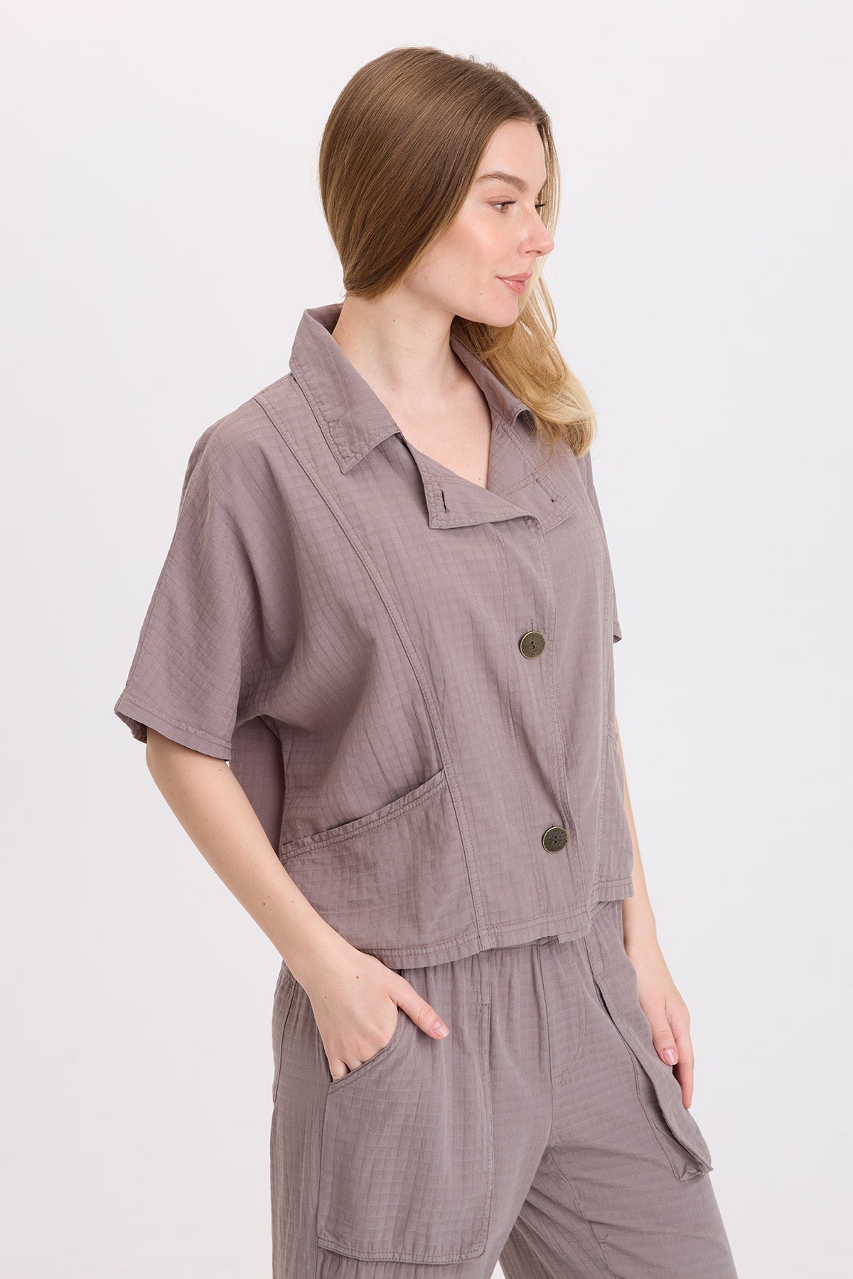Wearables Jedd Boxy Short Sleeve Basket-Weave Jacket Poppy Seed - XCVI