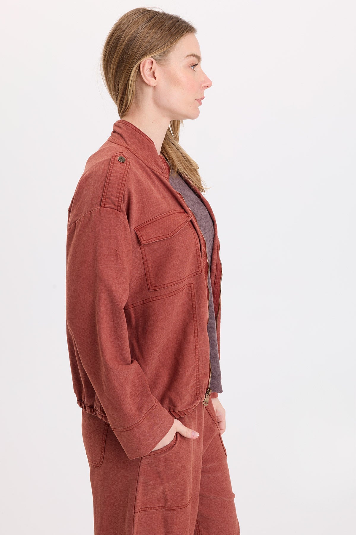 Wearables Tace Twill Relaxed Bomber Zip-Up Jacket Mahogany Pigment - XCVI