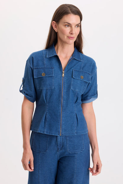 Wearables Tammen Indigo Twill Short Sleeve Shacket Coruscate Wash - XCVI