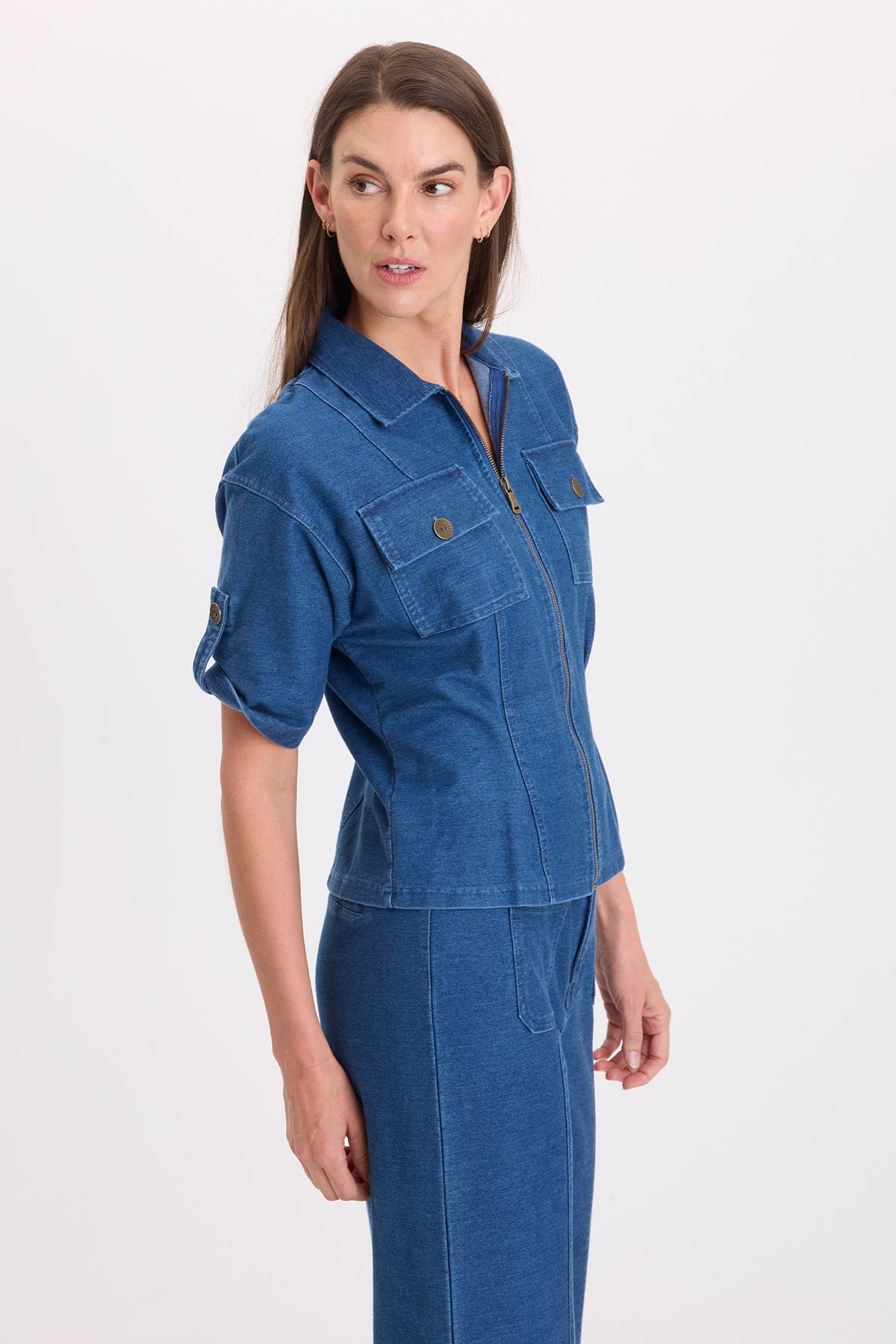 Wearables Tammen Indigo Twill Short Sleeve Shacket Coruscate Wash - XCVI
