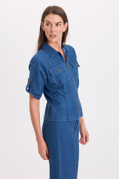 Wearables Tammen Indigo Twill Short Sleeve Shacket Coruscate Wash - XCVI