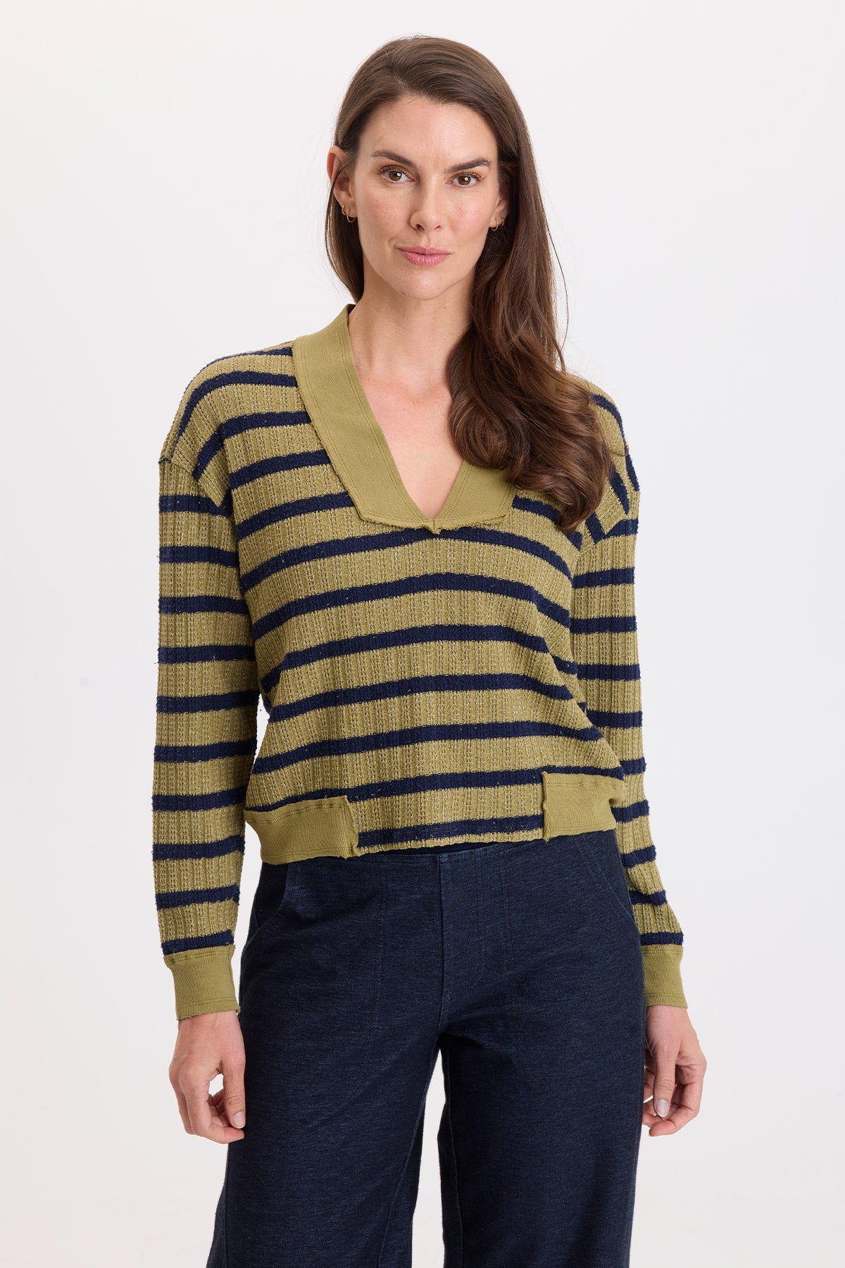 Wearables Fonz Stripe Sweater knit Rib Trim V-Neck Top Artichoke Pigment - XCVI